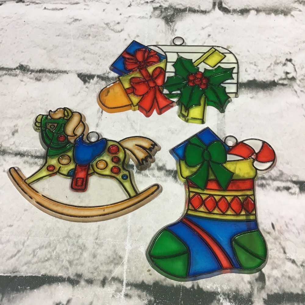 Vintage Christmas Plastic Stained Glass Sun Catchers Lot #4 Rocking Horse
